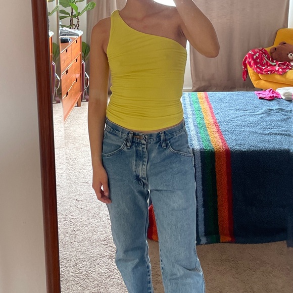 Ribbed Yellow One Shoulder Top - Picture 2 of 5